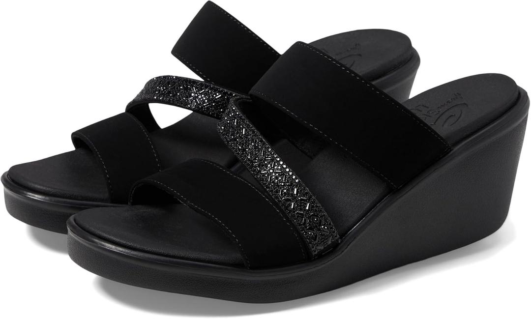 Skechers Women's Rumble ON-Social Glam Wedge Sandal, Black/ Black, 7