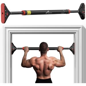 Pull Up Bar for Doorway: Sportneer Strength Training Pull-up Bars without Screw - Adjustable Width Locking Mechanism Chin Up Bar, Thickened Steel Max Limit 440 lbs Upper Body Fitness Pullup Bars for Home (Black-Red)