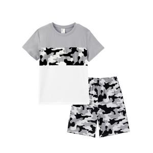PATPAT Boys Summer Outfits, Grey Camo Tshirts and Shorts with Pockets, Crew Neck Short Sleeve Tshirts Stretch Shorts 2 Piece Outfits Boys Short Sets, Size 7-8 Years