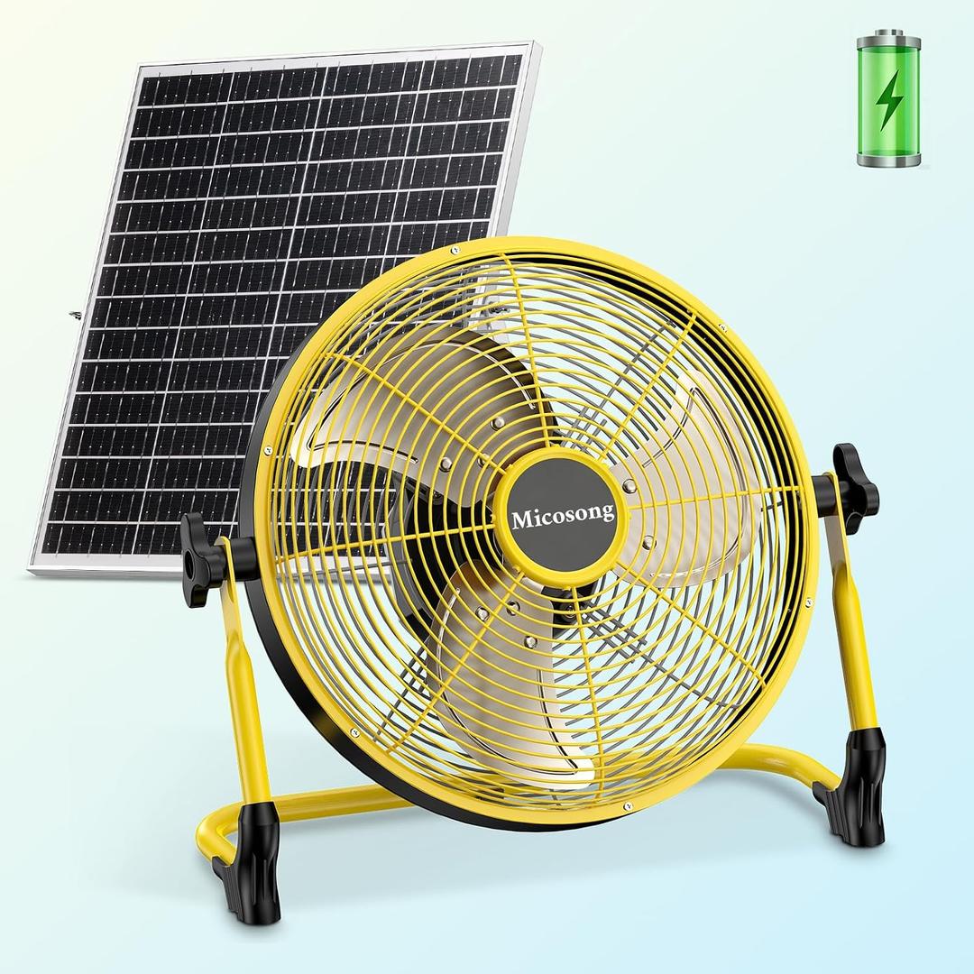 14'' Portable Solar Powered Floor Fan, Cordless Camping Fan Outdoor, Long Lasting Rechargeable Battery Operated Fan, 360 Tilt, USB Output, Wireless, for Home Gazebo Greenhouse Outside Gym