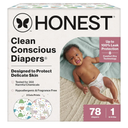 The Honest Company Clean Conscious Diapers for Delicate Skin | Up to 100% Leakproof | Hypoallergenic, Fragrance Free | Gender Neutral | Club Box, Size 1 (8-14 lbs), 78 Count (Prints May Vary)
