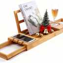 Utoplike Bamboo Bathtub Caddy Tray Bath Tray for Tub, Adjustable Bathroom Bathtub Organizer with Book Tablet Wine Glass Cup Towel Holder (19.8-33.5 in)