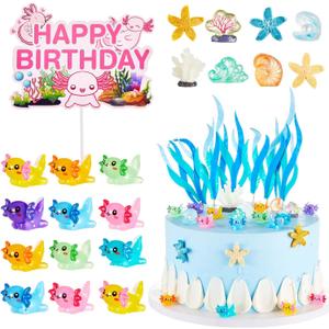 26 Pcs Axolotl Birthday Decorations Supplies Include 1 Cake Topper 3 Bags Artificial Seagrass 22 Pcs Axolotl Toy Cake Decorations for Ocean Party