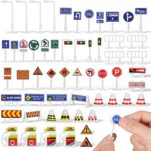 NUOBESTY 56Pcs Traffic Signs for Kids, Mini Road Signs and Traffic Light Toy Set, Educational Road Construction Toys for Train Table Accessories, Car Garage Playing, Learning
