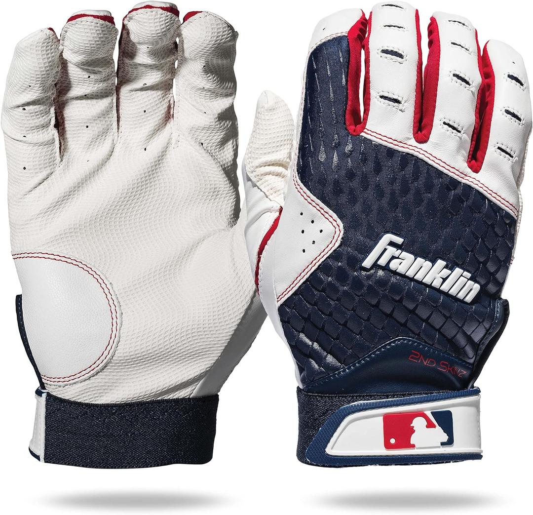 Franklin Sports MLB 2nd Skinz Batting Gloves - Adult & Youth Baseball & Softball - Men's & Kids Teeball & Softball Gloves - Multiple Sizes & Colors  (Adult X-Large, White/Navy)
