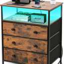 3 Drawers Dresser with Charging Station, 24 Inch Wide LED Night Stand with Adjustable Fabric Drawer, Nightstand with Storage Shelf for Living Room/Bedroom/Office, Rustic Brown.