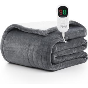 Homemate Heated Blanket Electric Throw - 50"x60" Heating Blanket Throw 1/2/4/6/8 Hours Auto-off 10 Heat Level Over-heat Protection Flannel Sherpa Heater Blanket ETL Certification (50 Inch x 60 Inch, Light Grey)