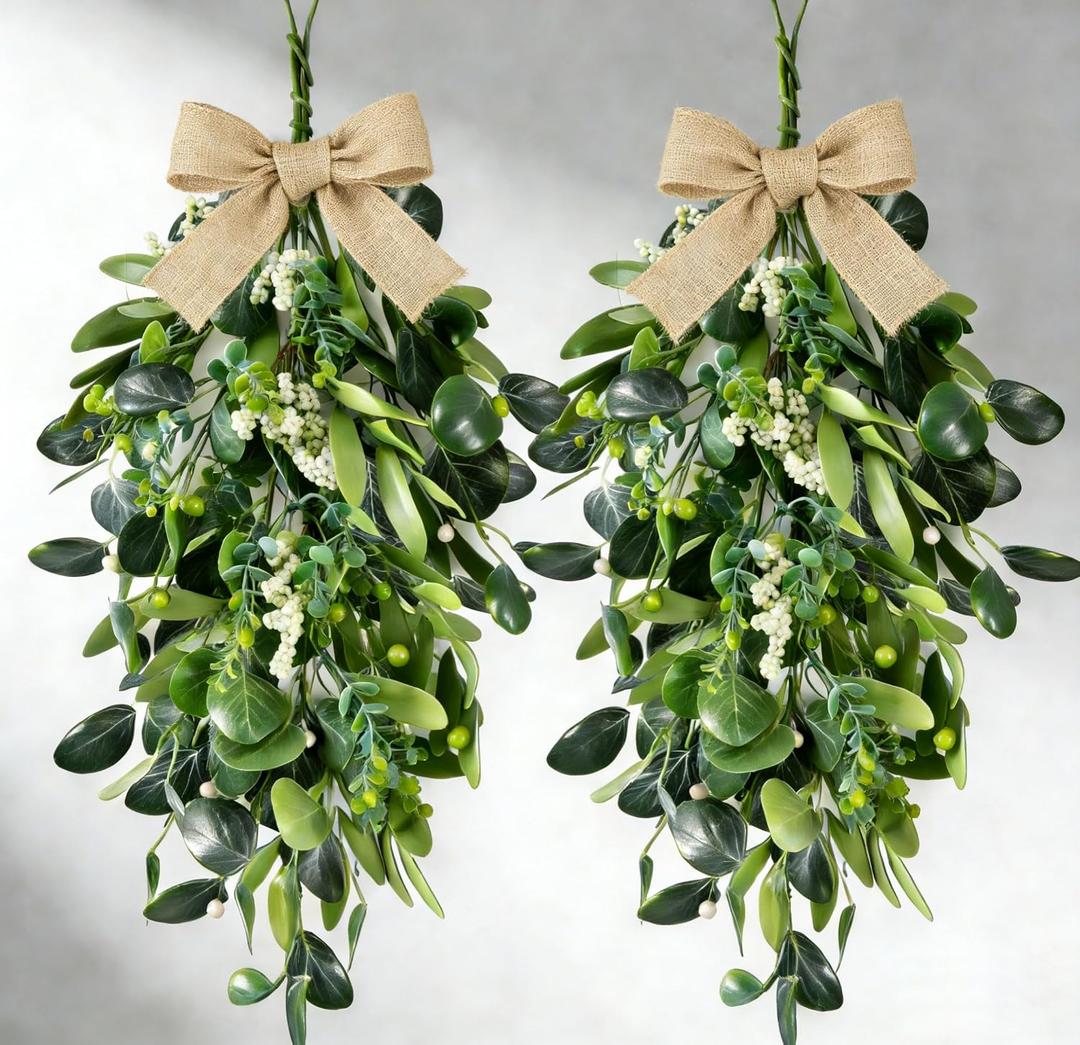 22" Eucalyptus Wreaths for Front Door 2 PCS Greenery Teardrop Swag Spring Summer Wreath with Eucalyptus Olives Leaves Mixed Berry for Farmhouse Home Porch Wall Window Festival Wedding Decor