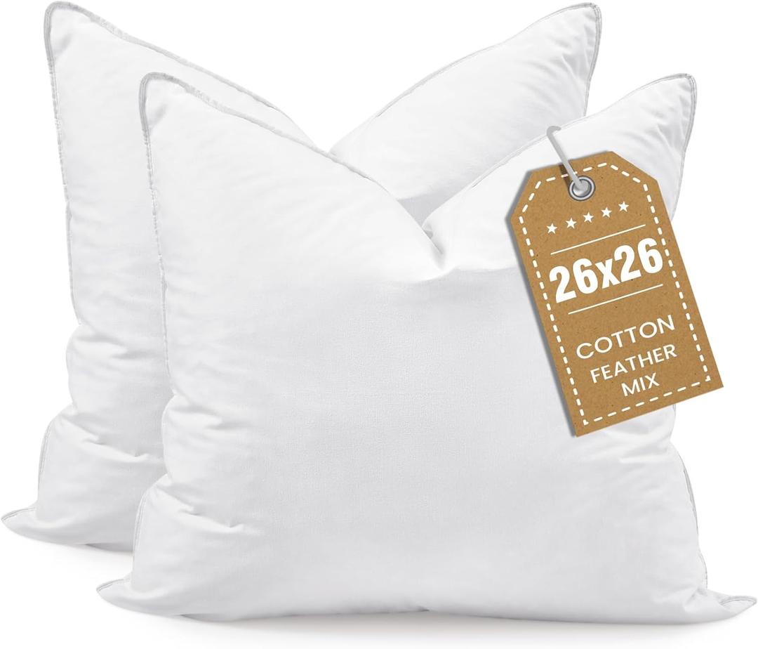BHZ Euro Throw Pillow Inserts, 26x26 Down Feather Alternative Pillow Inserts Set of 2, Decorative Soft Large Square White Throw Pillows Insert for Couch Bed Dorm Sofa with Breathable Cover