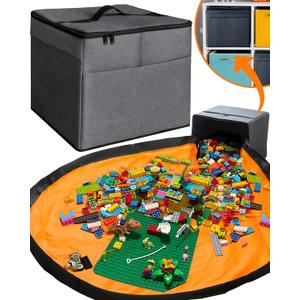 XL Toy Storage Organizer with Play Mat - Storage Bag/Box for Kids, Boys, Girls, Nursery, Playroom - Basket for Building Bricks/Blocks - Collapsible Fabric Cube Bin, 13"x13"x15" (Dark Gray)