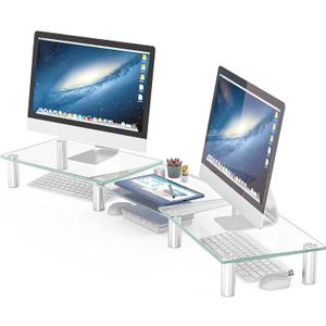 Hemudu Dual Monitor Stand -Adjustable Length and Angle Dual Monitor Riser, Desktop Organizer for PC, Computer, Laptop (Clear)