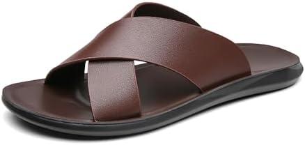 Men's Leather Slip On Slides Sandals Comfortable Lightweight Open Toe Anti-Slip Flat Summer Casual Slippers Indoor Outdoor Walking Beach Sandals (12, Brown)