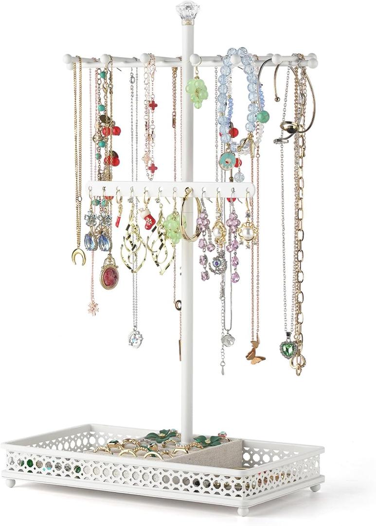 Meangood Jewelry Tree Stand Organizer 3in1 Necklace Organizer Display Bracelet Earrings and Ring Tray Jewelry Holder Hanger MetalWhite