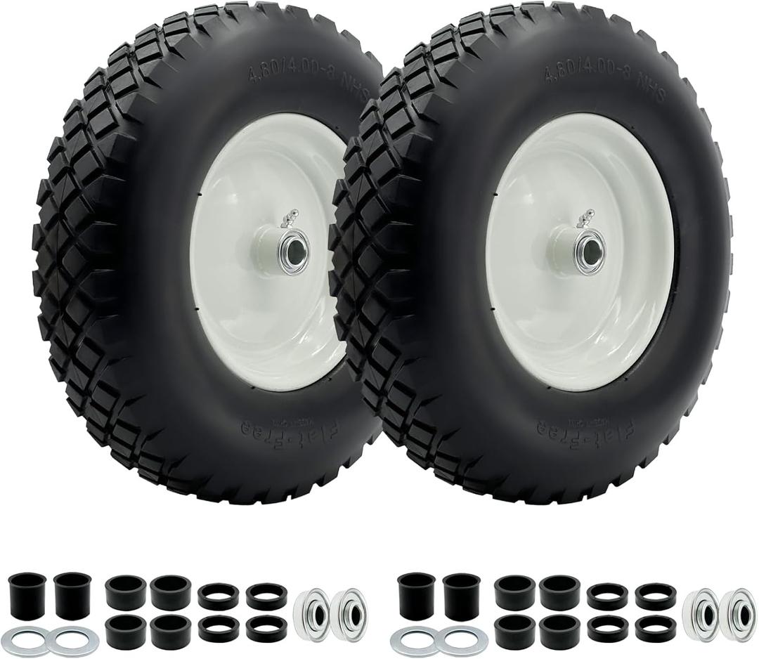 2-Pack 4.80-8 Wheelbarrow Tire and wheel with 3"-6''Centered Hub, 3/4" or 5/8''or 1/2'' Bearings, 16 Tire Assembly for Hand Truck,Garden Cart (4.80/4.00-8 Flat Free,3"Center Hub,Knobby Tread)