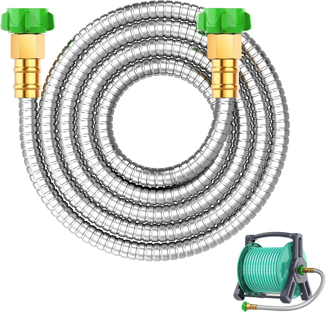 Short Metal Garden Hose 5 ft with Female to Female Connector Stainless Steel Small Leader Hose for Hose Reel, Long, Flexible, Lightweight & Heavy Duty Water Pipe, Outdoor Water Hose Extension Adapter