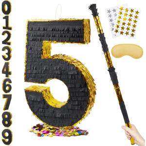 PCFING 20 Inch Number 5 Piata Gold Black with 30 Inch Piata Stick Blindfold Confetti for Man Women Boys Girls Birthday Party Decorations, Anniversary Celebration, Fiesta