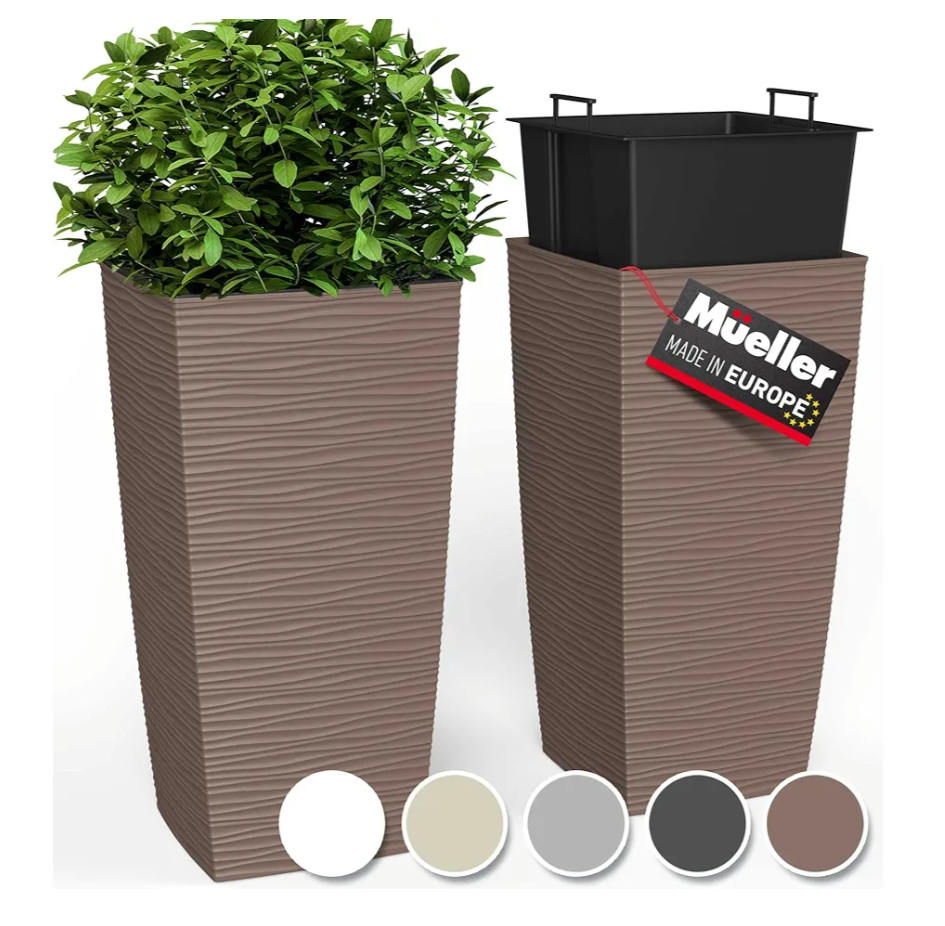 Mueller M-Resin Heavy Duty Tall Planter, Indoor/Outdoor Grande Plant, Tree, Flower Pot, 2-Piece Set, 24”, Modern Design, Built-in Drainage, Mocha