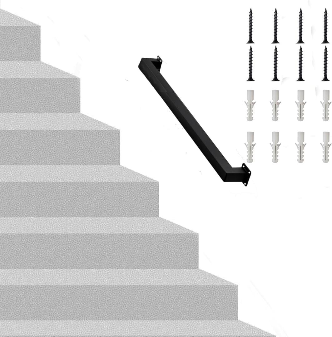 2FT Square Stair Railing Indoor, Black Wall Mount Handrail for Staircase, 440lbs Load Capacity Non-Slip Metal Handrail, Heavy-Duty Carbon Steel Grab Bar for Steps and Porch
