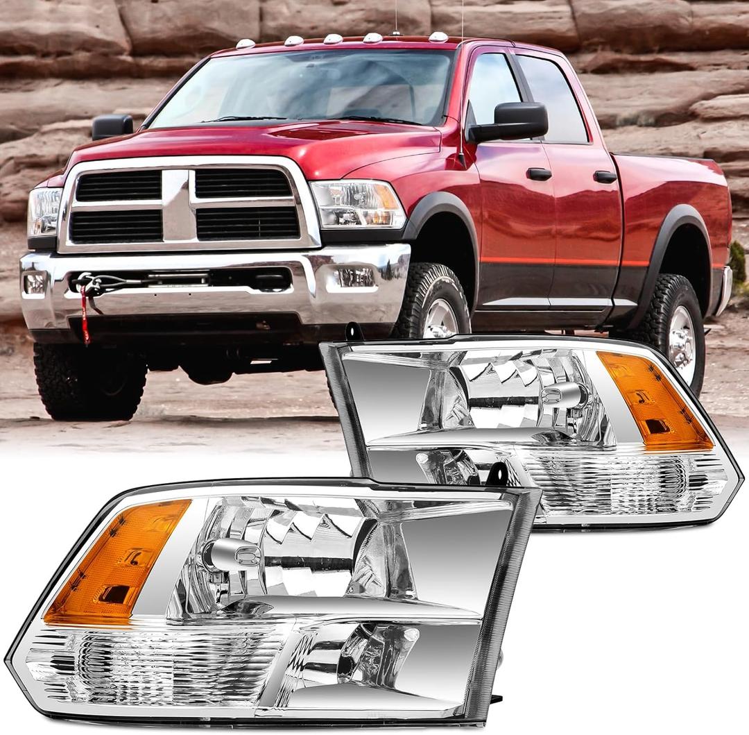 2PCS Headlights Assembly For 2009-2018 Dodge Ram 1500 2500 3500/2019-2022 Ram 1500 Classic Replacement Headlamp Chrome Housing Clear Lens Amber Reflector