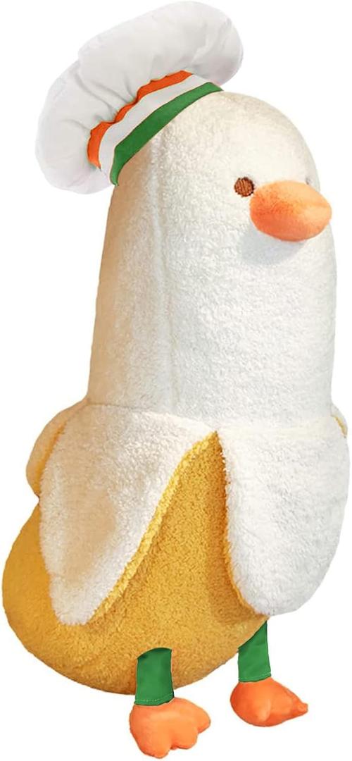 PEACH CAT Cute Banana Duck Stuffed Animal Long Banana Chef Duck Plush Pillow for Girls and Boys White 12"