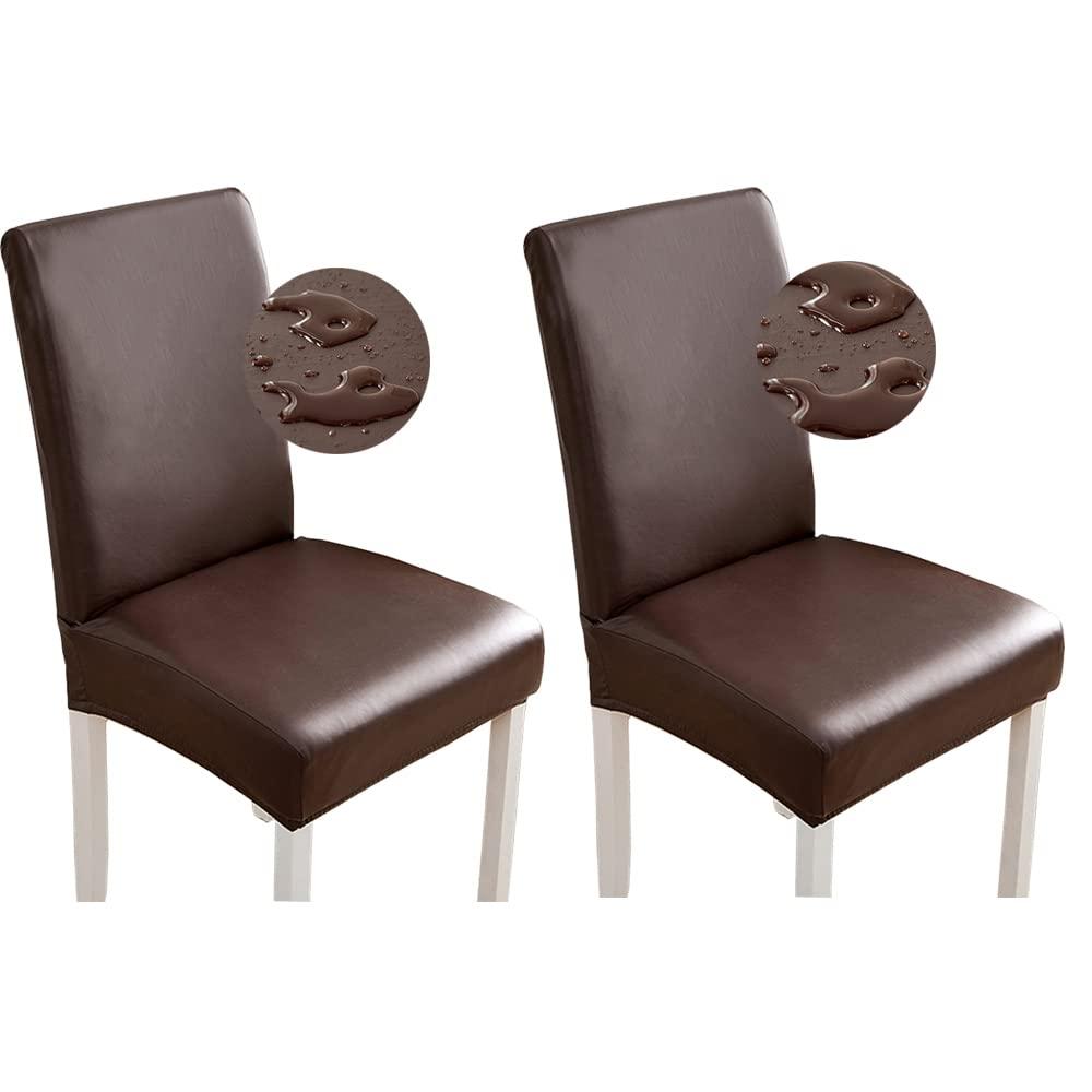 Shukii Stretch Dining Chair Covers Waterproof PU Leather Chair Slipcovers Chair Protector Cover Universal Chair Covers for Dining Room Kitchen Hotel (Set of 2, Coffee)