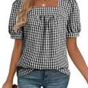 EVALESS Tops for Women Short Sleeve Tunic Blouse Dressy Casual Square Neck Gingham Tops Cotton Blend Plaid Shirt Cute Checkered Puff Sleeve Work Blouses 2026 Summer Vacation Outfits Black Large