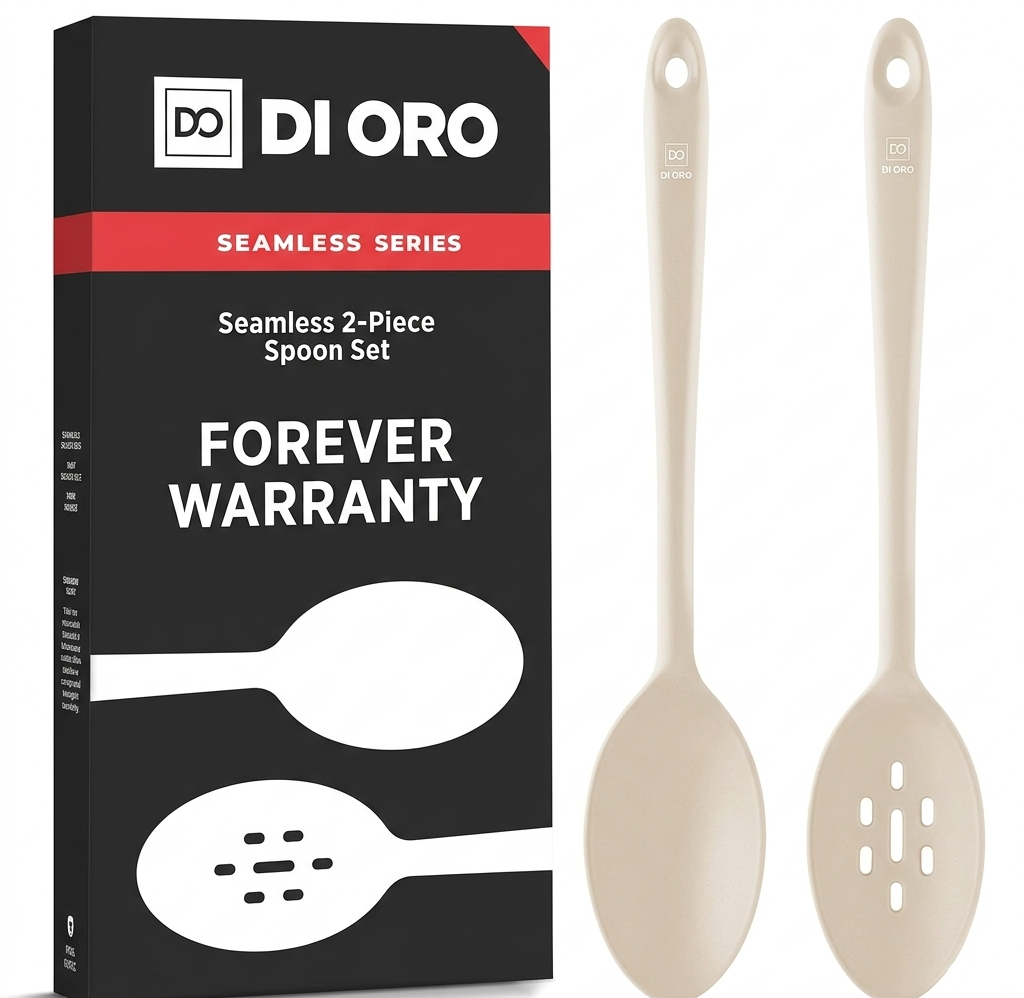 DI ORO Silicone Spoons for Cooking - Large Kitchen Spoons for Mixing, Serving, & Stirring - 600°F Heat-Resistant Non Stick Utensils – Big Solid & Slotted Basting Spoons - Dishwasher Safe (2pc, Clay)
