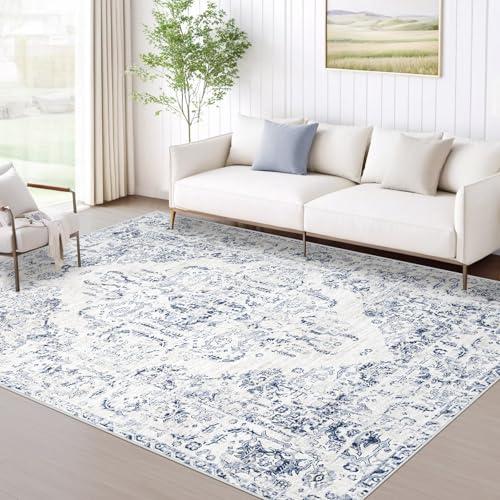 6x9 Area Rugs for Living Room: Washable Rug Vintage Large Rugs Soft Non Slip Low Pile Rug Floral Distressed Floor Carpet for Bedroom Kitchen Nursery Dining Room Home Office (Blue, 6'x9')