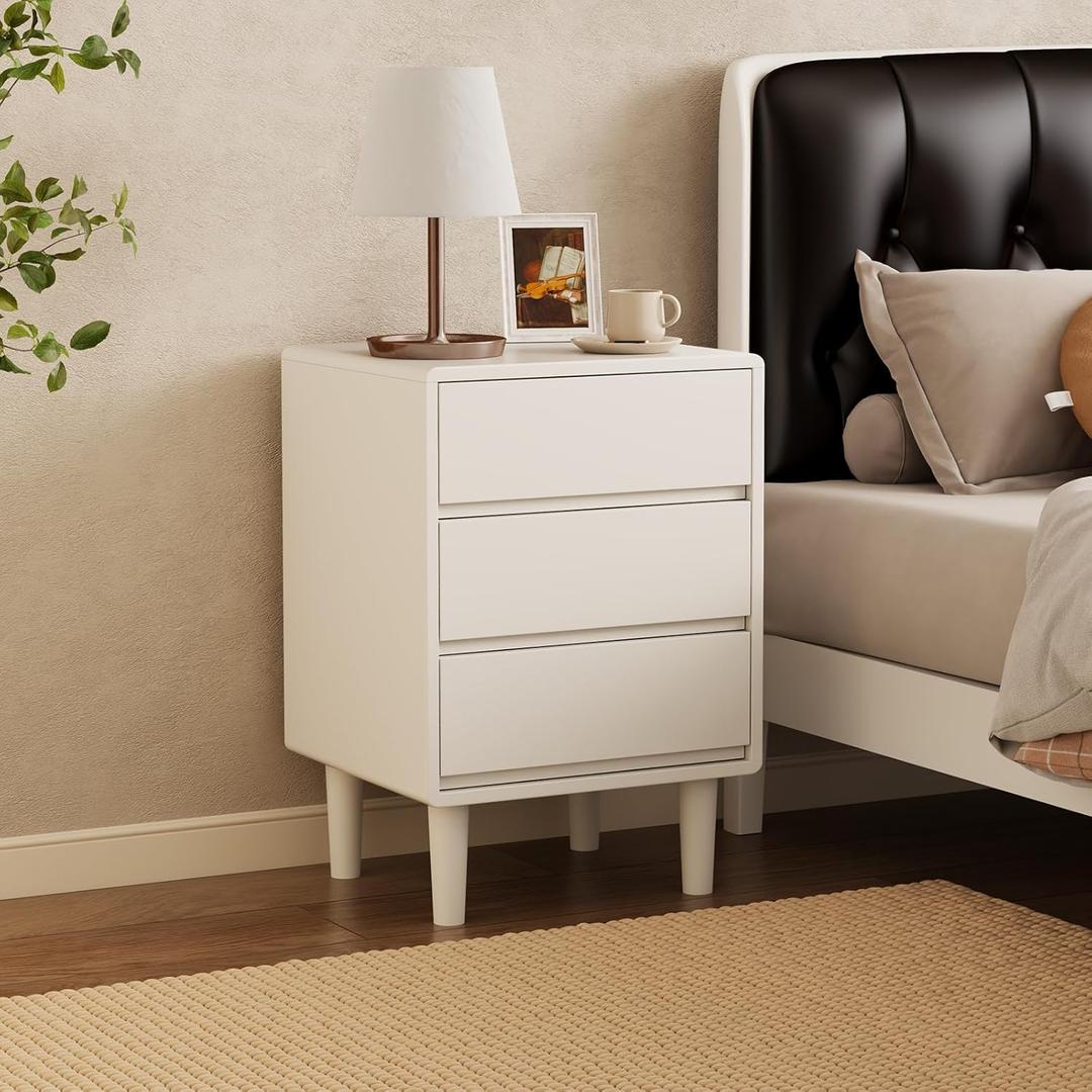 White Nightstand Tall Nightstand with 3 Drawer,Solid Wood Night Stand,Mid Century Modern Night Stand Side Table,Modern Wood Night Stand End Table,Wooden Bedside Table for Bedroom,Living Room
