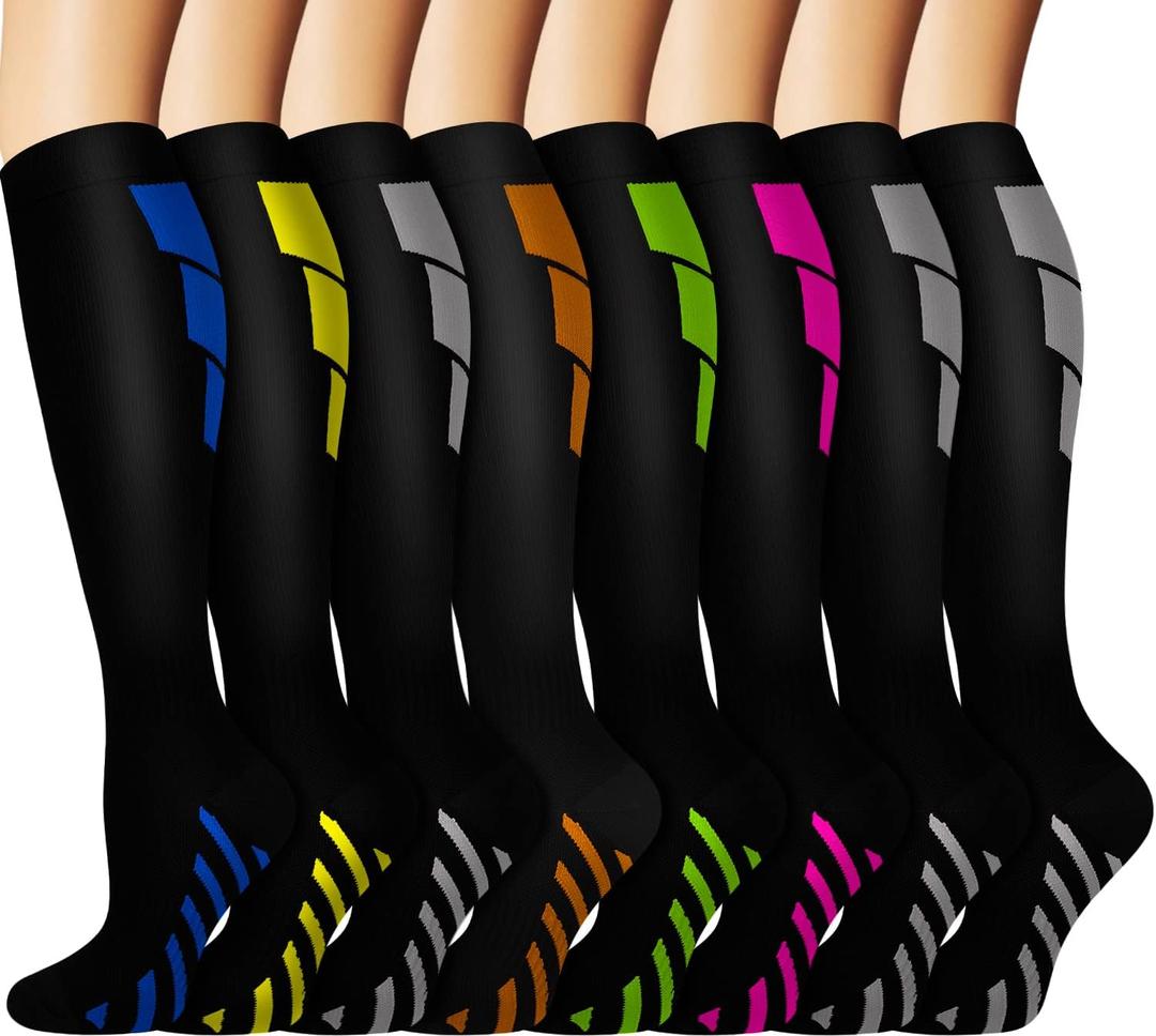 Graduated Copper Compression Socks for Men & Women Circulation 8 Pairs 15-20mmHg - Best for Running Athletic Cycling (Large-X-Large, 03 Blue/Yellow/Gray/Orange/Green/Pink/Gray/Gray)