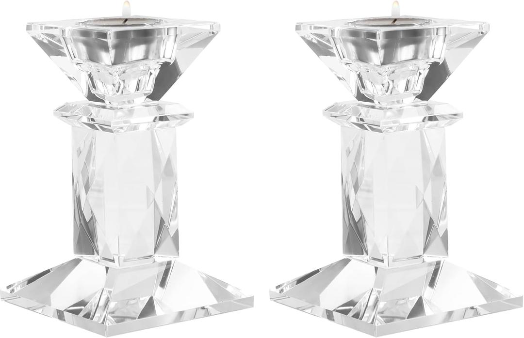 Crystal Candle Holders Pack of 2, Clear Crystal Taper Candlesticks Holders, Table Centerpiece Home Decor for Wedding, Dining, Party(4.9in Tall)
