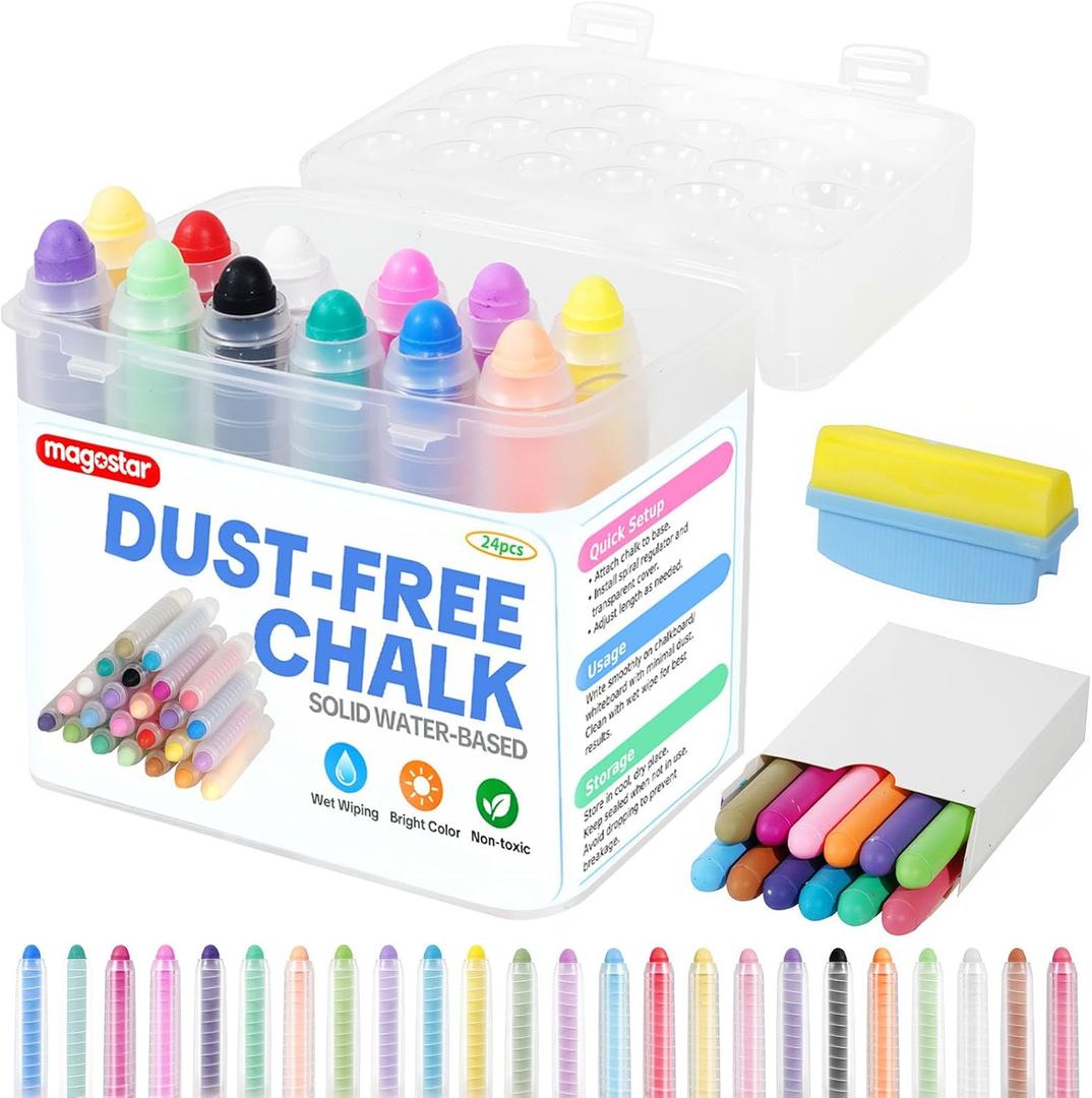 magostar Dustless Chalk for Kids with Eraser, 24 Colors NonToxic Washable Sidewalk Chalk Set for Chalkboard & Blackboard Drawing, Colored Chalk Pens