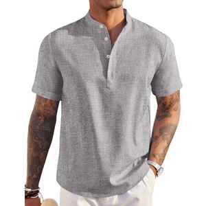 COOFANDY Mens Linen Shirt Summer Band Collar Henley Shirts Short Sleeve Stylish Casual T Shirt Big and Tall Shirts Grey, Medium