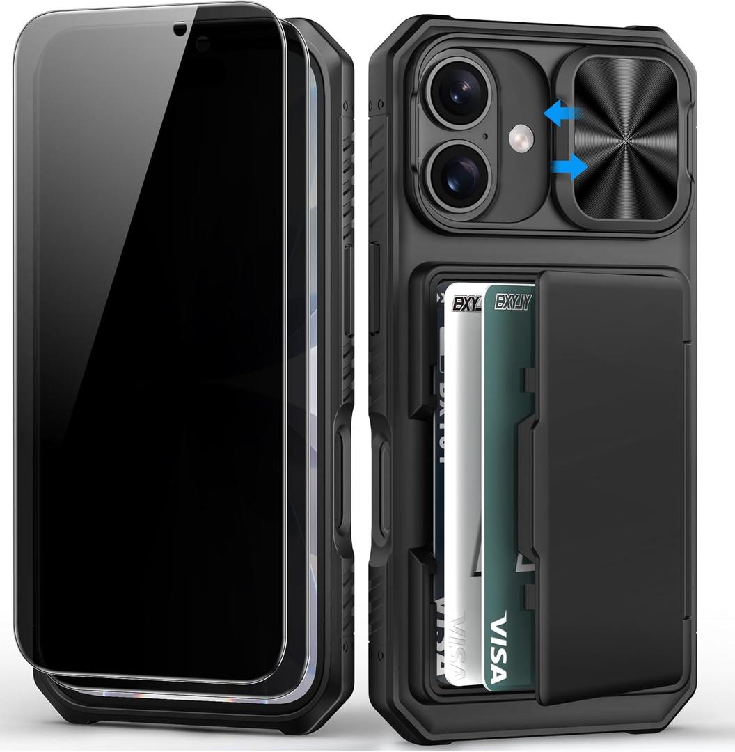 BXYJY for iPhone 17 Case Wallet，2 Privacy Screen Protectors, Card Holder (4-5 Cards), Slide Camera Cover, Military Grade Drop Prortection, Heavy Duty Men Women Phone Case for iPhone 17, Black