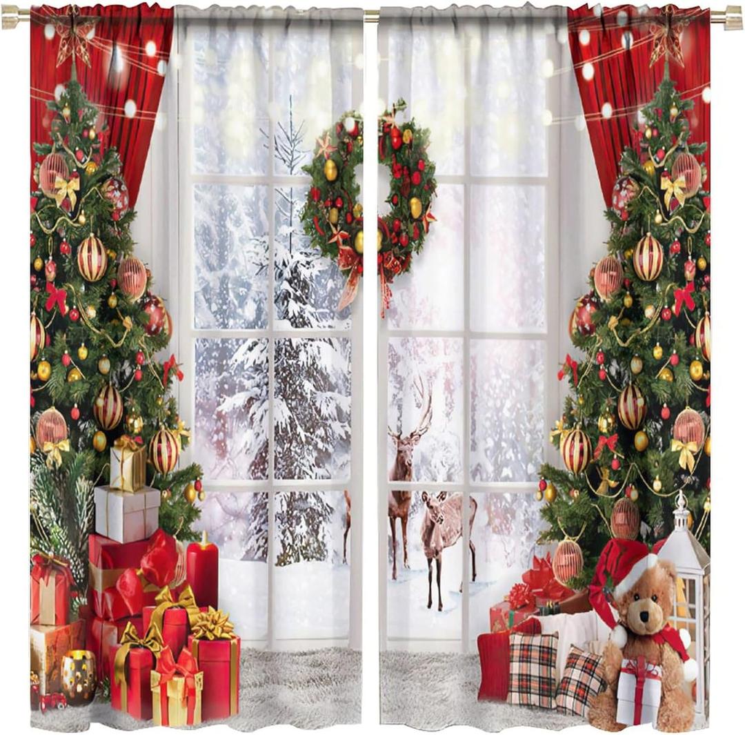 Christmas Window Curtains Winter Xmas Tree Glitter Print Curtains Home Decor Living Room Bedroom Window Drapes Treatment Fabric 2 Panels 42 (W) x 63 (L) Inch Decor