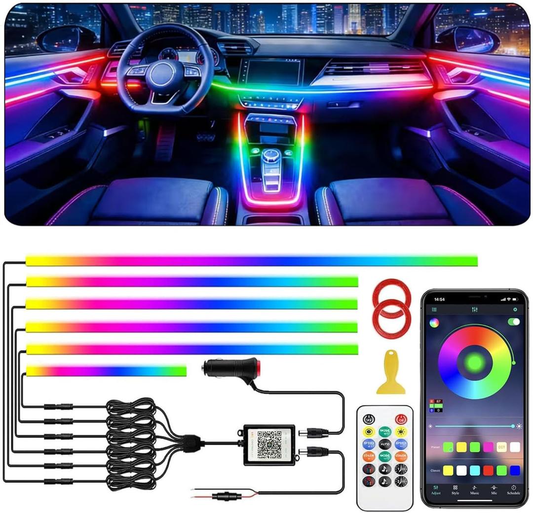 Interior Car LED Strip Lights, Acrylic LED Lights RGB Dreamcolor 6 in 1 with 175 inches 593 LEDs Fiber Optic Ambient Lighting Kits,APP and Remote Control 16 Million Colors Car Neon Lights