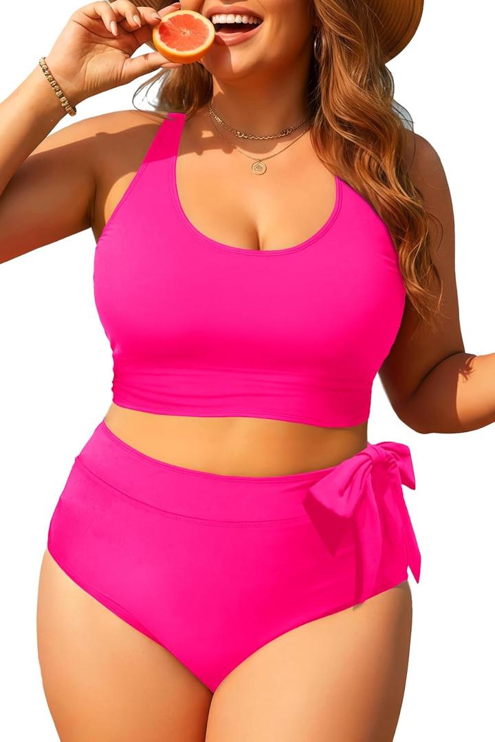 Tempt Me Plus Size Two Piece Swimsuits - Women High Waisted Bikini Scoop Neck Bathing Suit Swimwear Hot Pink 18 Plus