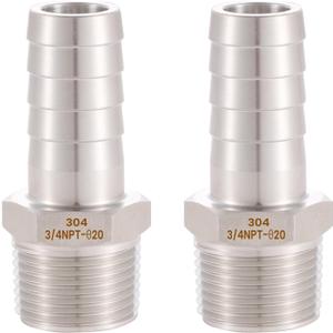 304 Stainless Steel 3/4" Hose Barb to 3/4" Male NPT Home Brew Fitting Water Fuel Air lead-free (Pack of 2)