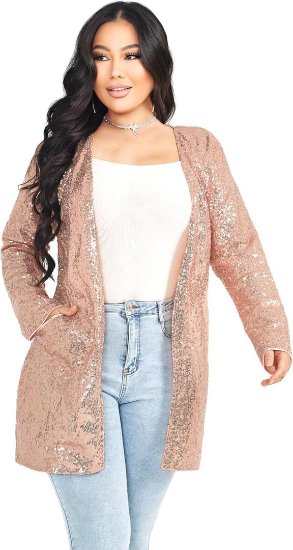 Women's Sequin Jacket Long Sleeve Open Front Blazer Glitter Sparkly Coat Party Casual Cardigan (Medium)