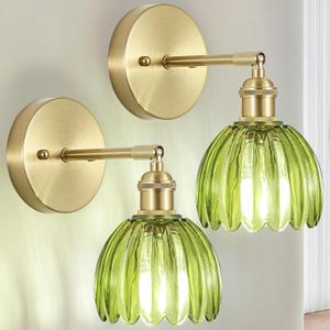 Hardwired Wall Sconces Set of Two, Vintage Wall Lights with Green Tulip Glass Lampshade, Gold Wall Lamps for Bedroom Bedside Stairway Bathroom Living Room (Bulbs Not Included, Not Battery Powered) (1-Light 2Pack)