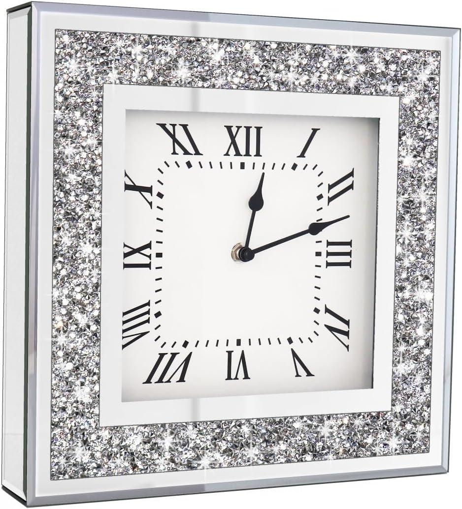 Crystal Crush Diamond Mirrored Square Wall Clock with Sparkle Twinkle Bling Diamond Decor for Wall Decoration, 12x12inch Decorative Silver Mirror Quartz Clock for Home Decor. AA Battery not included, 12x12 Polegadas