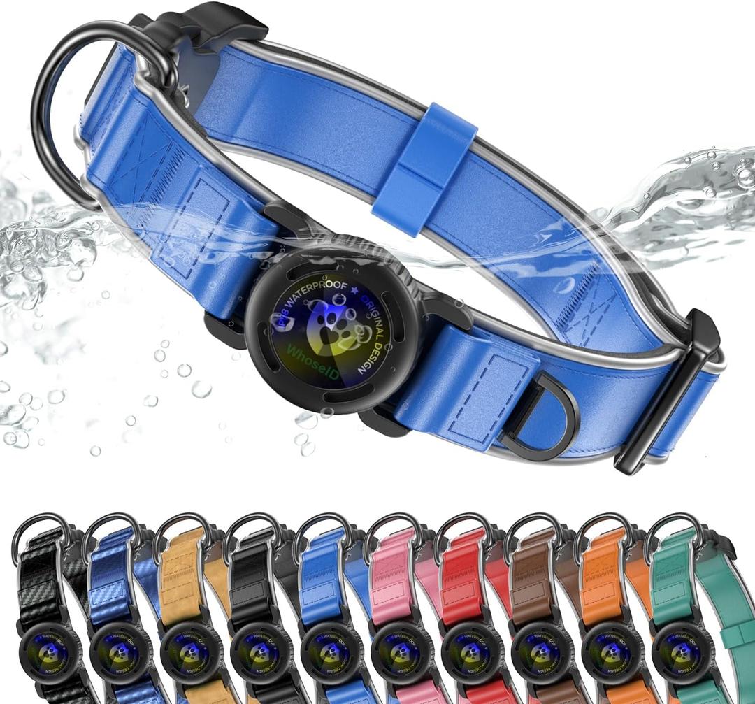 AirTag Dog Collar, Waterproof Reflective Leather Dog Collar with AirTag Holder and Magnetic Buckle, Heavy Duty Pet Collar for Small Medium Large Dogs, Blue