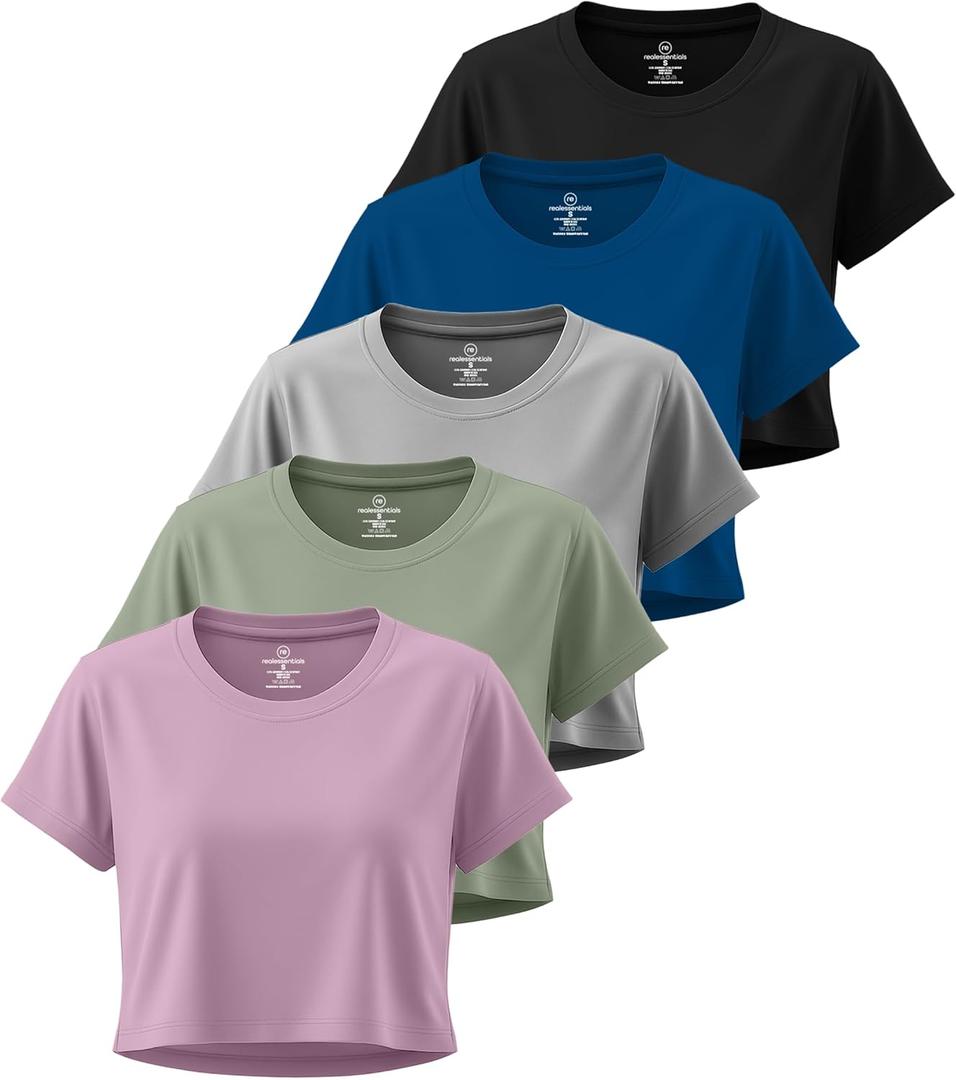 Real Essentials 5 Pack: Women's Dry Fit Crop Top - Short Sleeve Crew Neck Stretch Athletic Tee (Large)