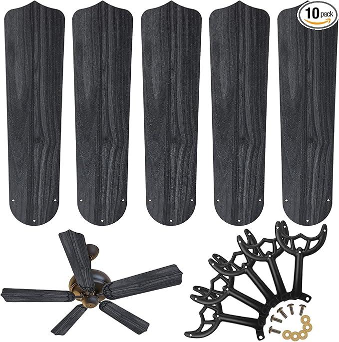 Yaocom 10 Pack 20.47" Ceiling Fan Replacement Blades and Blade Arms Kit for 52 inch Ceiling Fan, 5 Blades and 5 Blade Arms with Mounting Hardware for Bedroom Living Room(Pointed Toe,Black Oak)