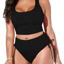 Pink Queen Women's Scoop Neck Racerback Ruched Crop Top High Waisted Bikini Sets 2 Piece Swimsuit Bathing Suit, Medium
