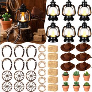 Ferraycle 48 Pcs Cowboy Party Decoration Western Theme Party Centerpiece Mini Cowboy Hats Lantern with LED Candle, Cactus Tealight, Horseshoe, Wagon Wheel, Hay Bales and Rope for Camping Party Favor