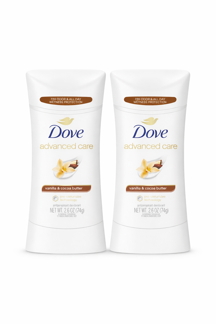 Dove Advanced Care Antiperspirant Deodorant Stick Vanilla & Cocoa Butter 2 Count Antiperspirant deodorant with Pro-Ceramide Technology 72-hour odor control and all-day sweat protection 2.6 oz