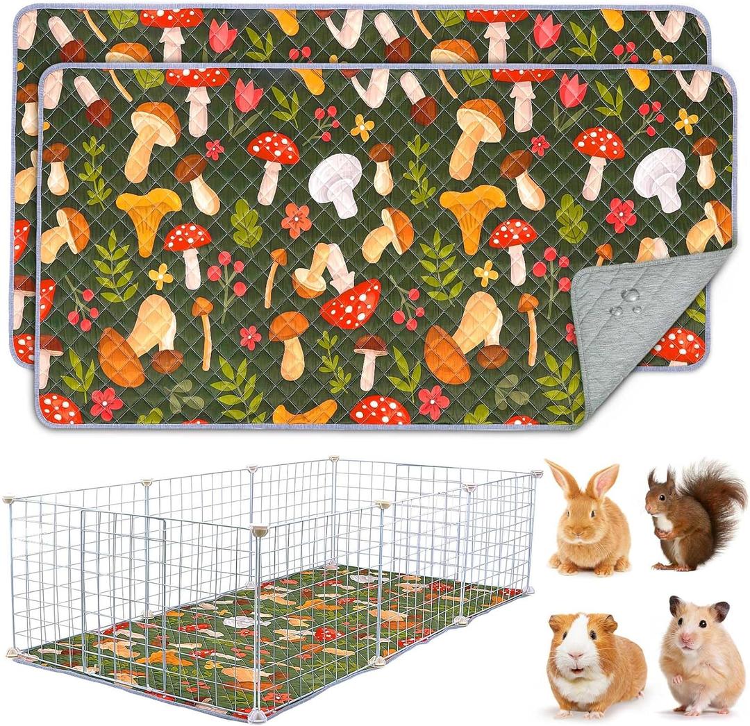 2 Pack Guinea Pig Bedding, Washable Guinea Pig Cage Liner Reusable Guinea Pig Mat Waterproof Guinea Pig Bedding for Cage, Super Absorbant Guinea Pig Pee Pads for Small Animals Hamster Rabbit Squirrel (Mushrooms)