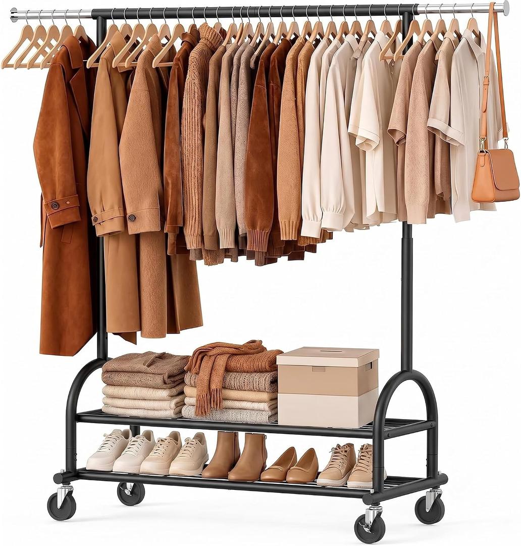 Heavy Duty Metal Clothes Rack Load 586 LBS, Height‑Adjustable Rolling Garment Rack for Hanging Clothes, Sturdy Wheel Clothing Rack with 2 Shelves, Portable Closet Wardrobe Organizer Rack,Black