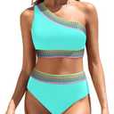 Women High Waisted Bikini Set - One Shoulder Two Piece Swimsuits Color Block Bathing Suits with Swimwear Bottom Size XL